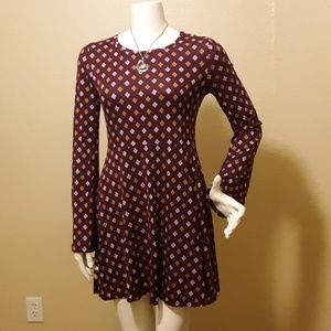 Burgundy floral 90's long sleeve skater dress.